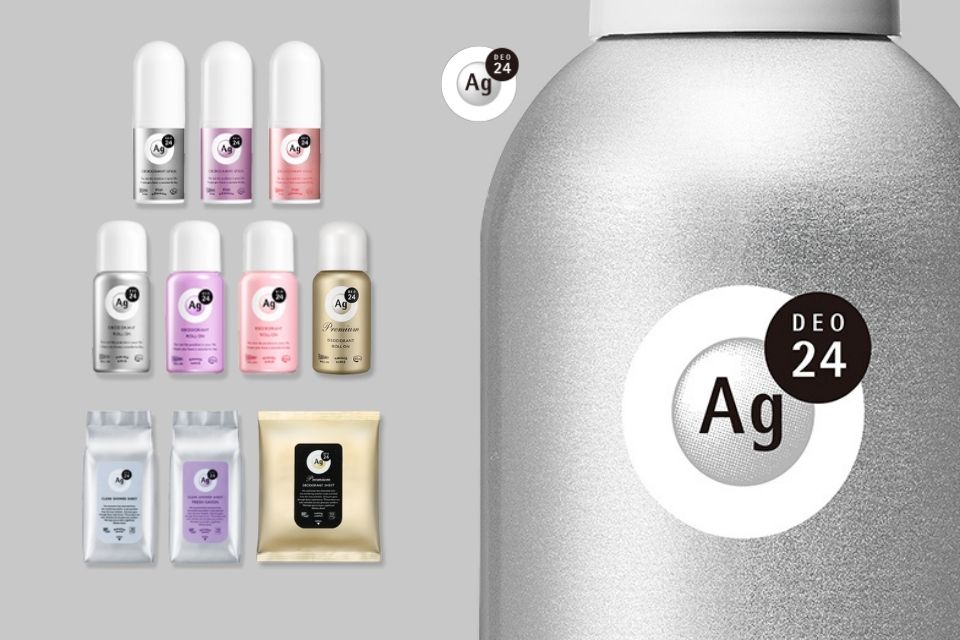 Slim and stylish Ag Deo 24 roll-on deodorant, featuring silver (Ag) formula for long-lasting odor care and gentle skin protection – made in Japan.
