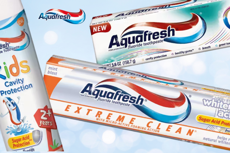 Aquafresh triple protection toothpaste with red, white, and blue stripes