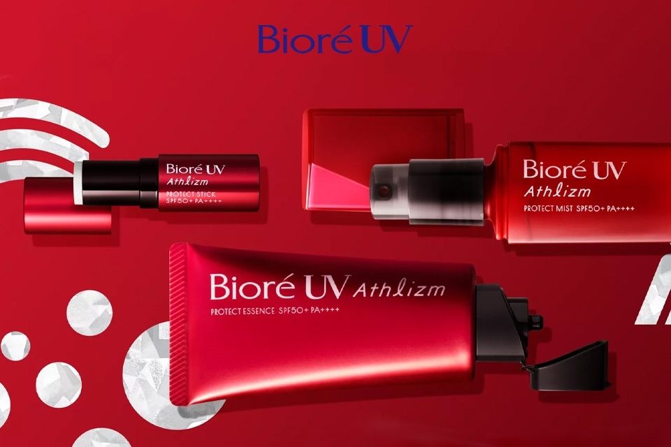 Biore UV Athlizm red packaging designed for heat and humidity resistance