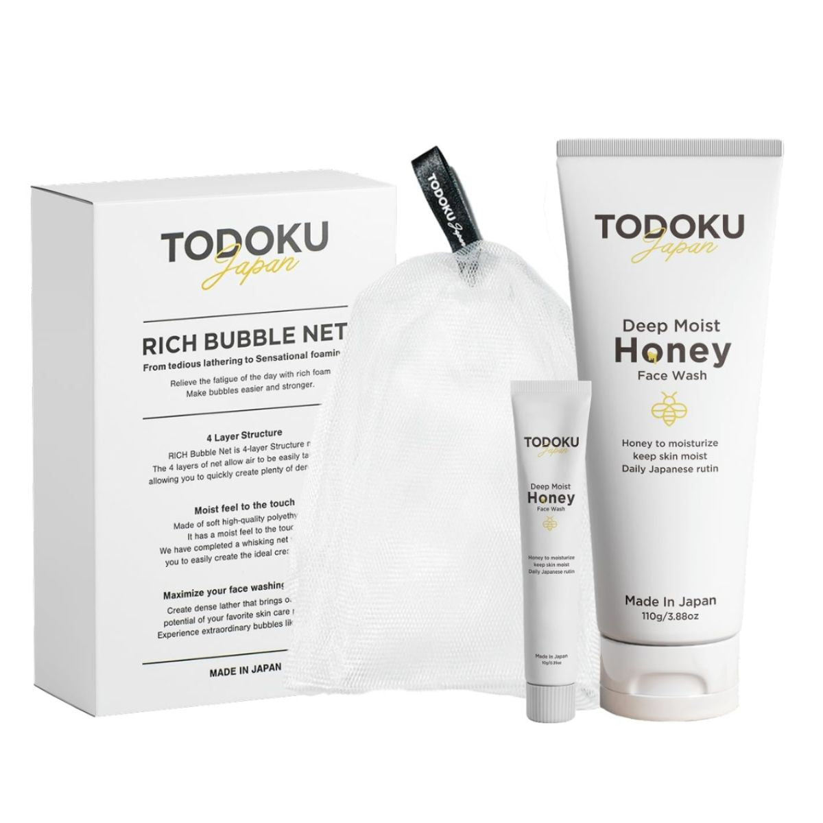 TODOKU JAPAN Deep Moist Honey Face Wash - 110g + 10g Travel Size & Rich Bubble Face Wash Whip Maker Soap Net
