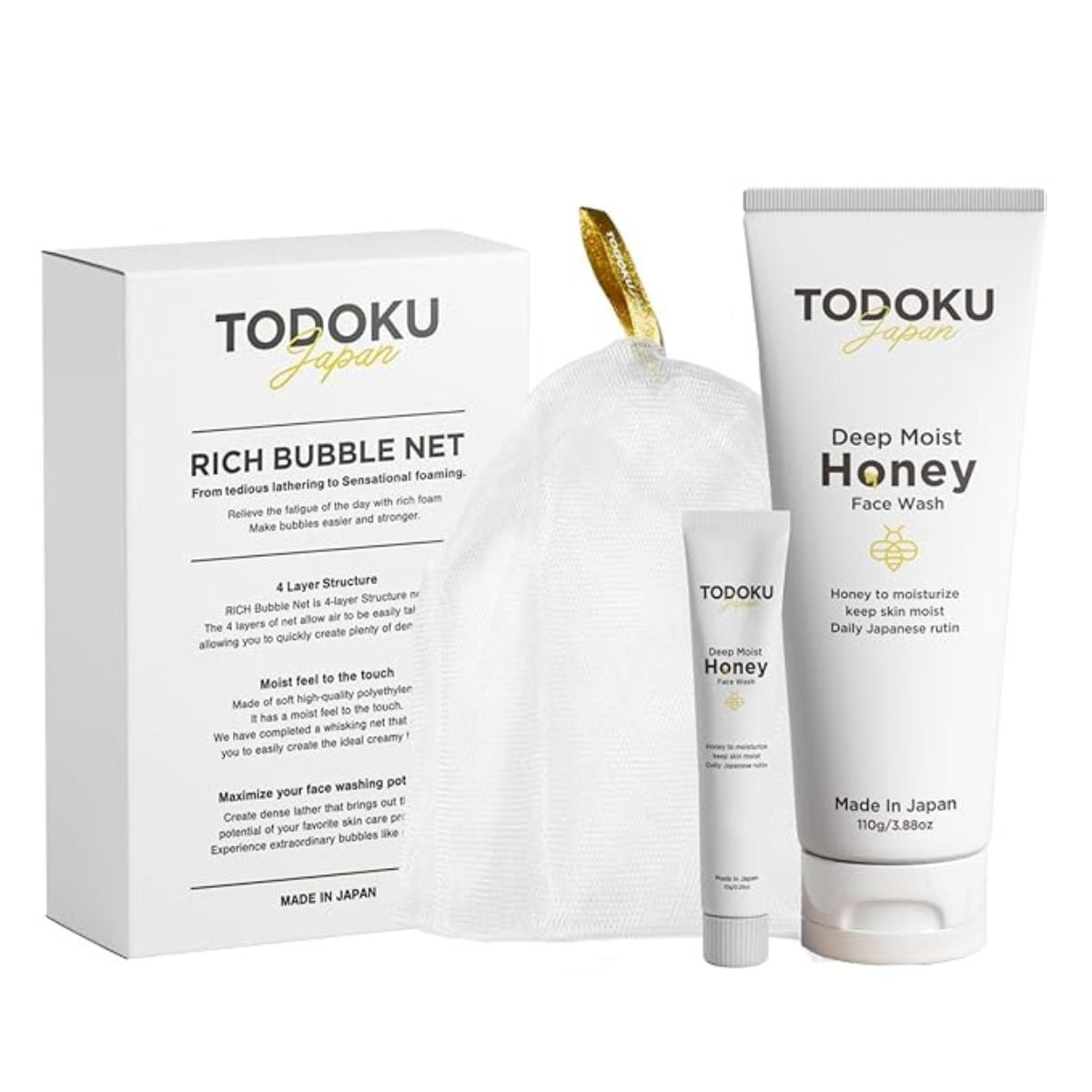 TODOKU JAPAN Deep Moist Honey Face Wash - 110g + 10g Travel Size & Rich Bubble Face Wash Whip Maker Soap Net