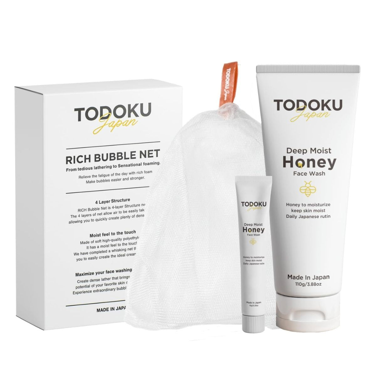 TODOKU JAPAN Deep Moist Honey Face Wash - 110g + 10g Travel Size & Rich Bubble Face Wash Whip Maker Soap Net
