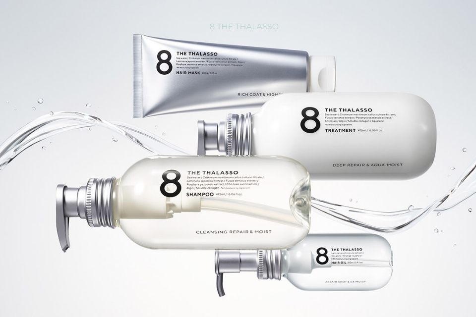 8 THE THALASSO hair care products, including shampoo, treatment, mask, and oil. Features Thalasso stem cells and marine ingredients with Aqua Delivery System for deep hydration, aiming to restore hair's shine, softness, and healthy moisture balance.