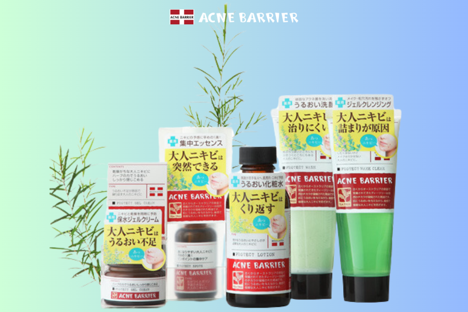 Acne Barrier skincare lineup including toner, cleanser, and spot treatment