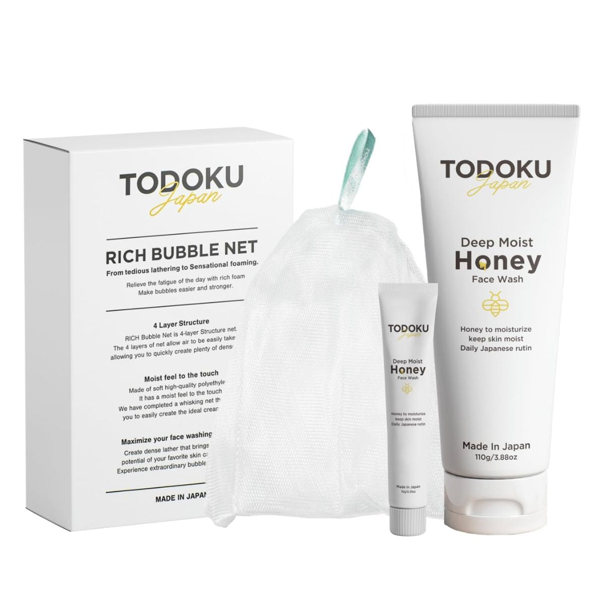 TODOKU JAPAN Deep Moist Honey Face Wash - 110g + 10g Travel Size & Rich Bubble Face Wash Whip Maker Soap Net