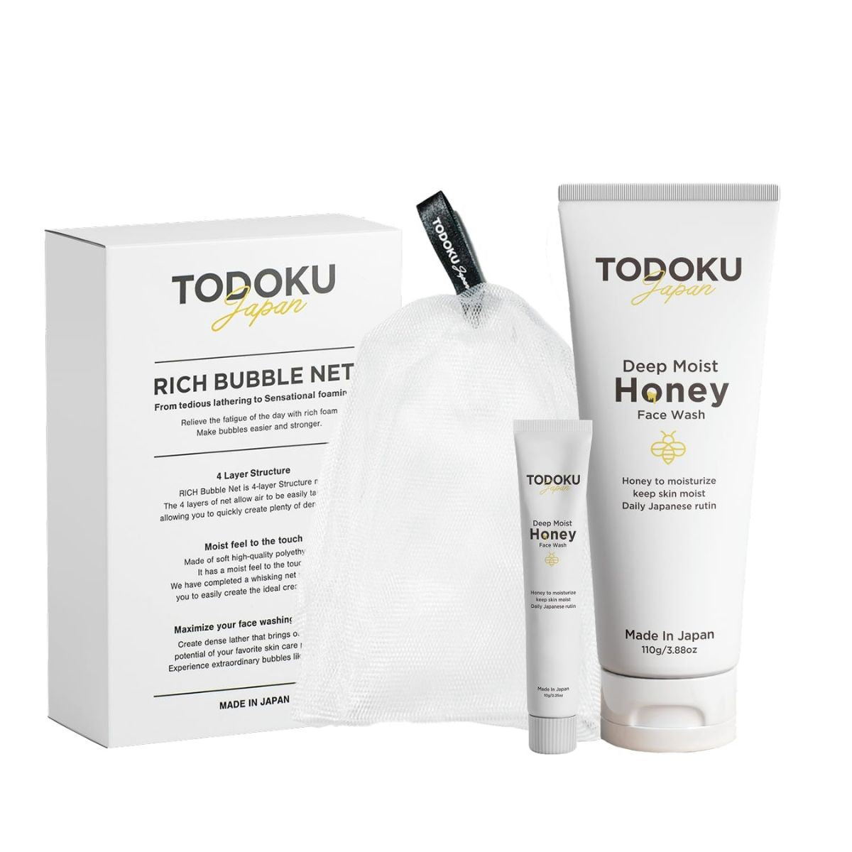 TODOKU JAPAN Deep Moist Honey Face Wash - 110g + 10g Travel Size & Rich Bubble Face Wash Whip Maker Soap Net