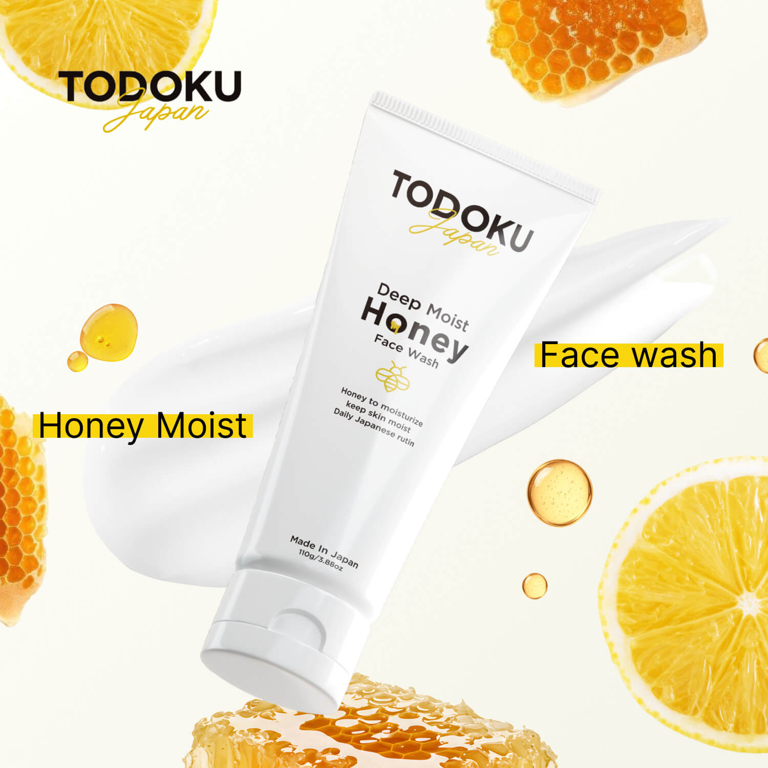 TODOKU JAPAN Deep Moist Honey Face Wash - 110g + 10g Travel Size & Rich Bubble Face Wash Whip Maker Soap Net