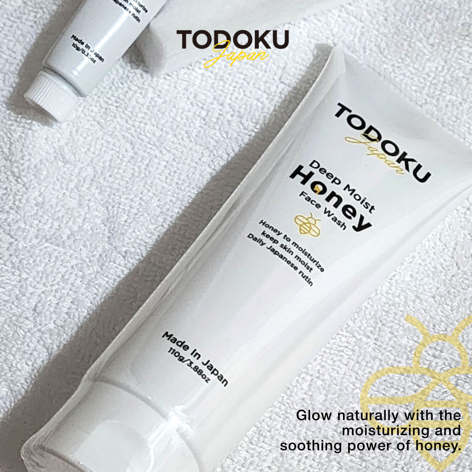 TODOKU JAPAN Deep Moist Honey Face Wash - 110g + 10g Travel Size & Rich Bubble Face Wash Whip Maker Soap Net